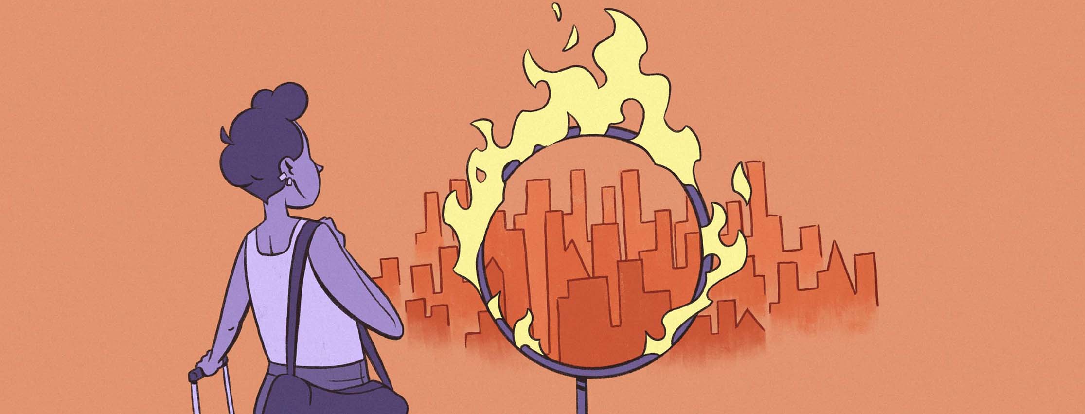An adult woman with travel bags looks ahead to a city skyline, but a hoop of fire stands between her and the destination