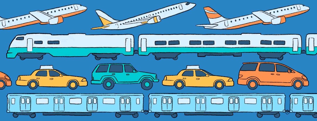 Cars, planes, a train, and a subway in 4 single file lines across the image
