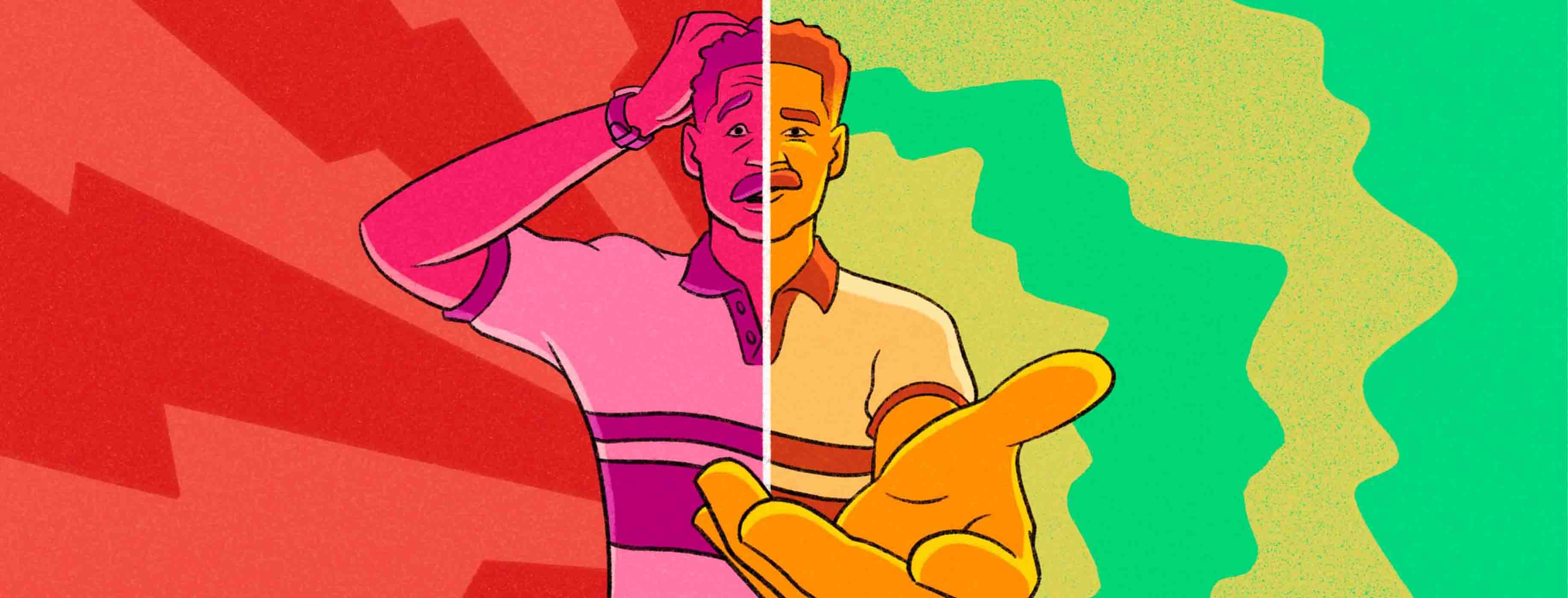 Adult male split between internal fear and putting on a calm and supportive face