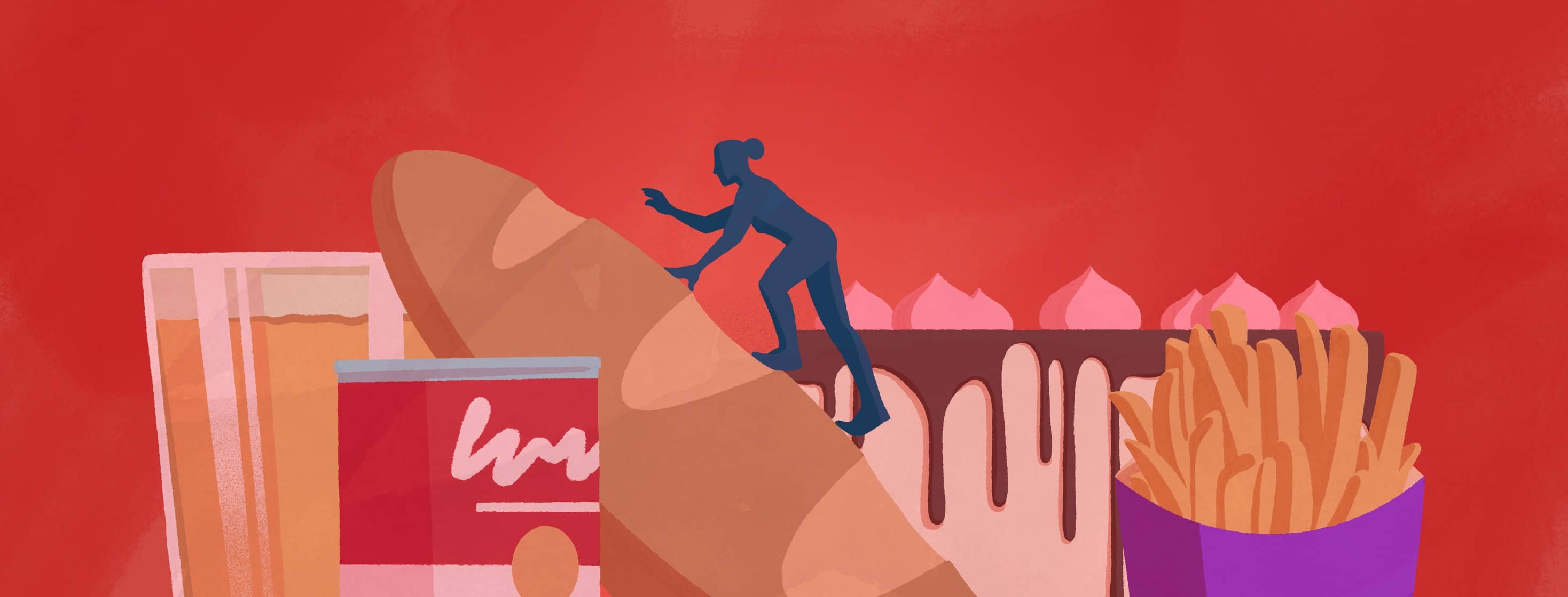 A silhouetted adult woman struggling to climb over a mountain of gluten-rich foods