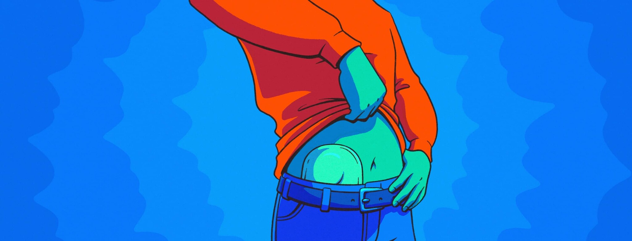 Adult Male lifting shirt to show ostomy bag on his abdomen.