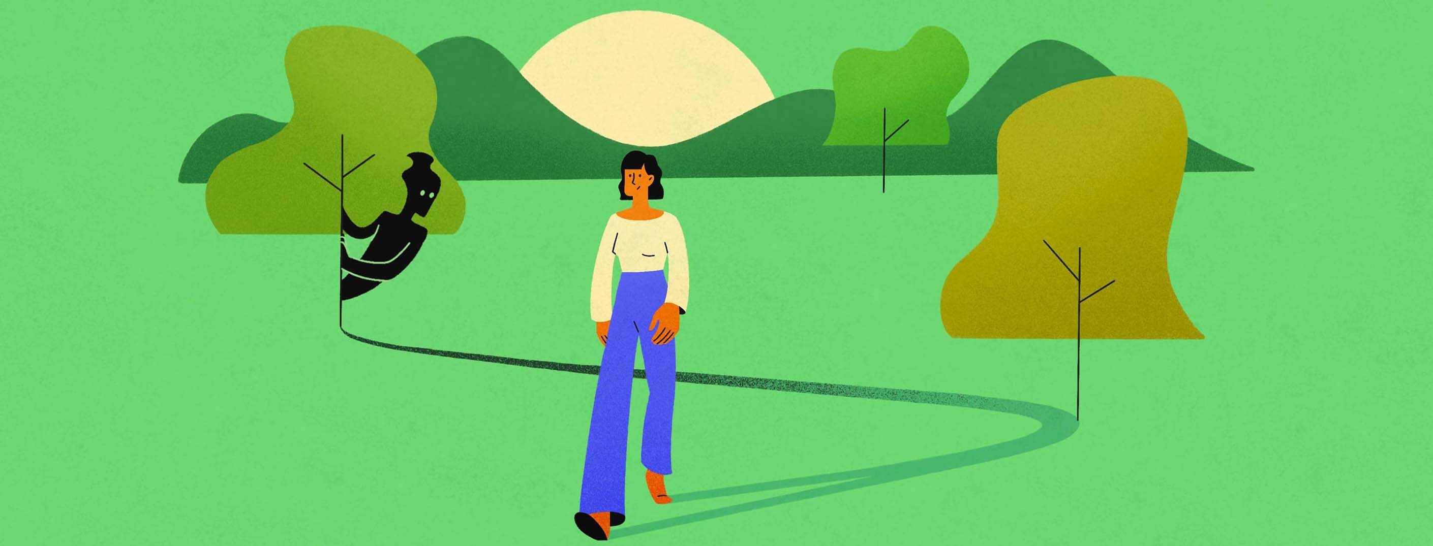 An adult woman casually walks outside while her shadow creeps behind