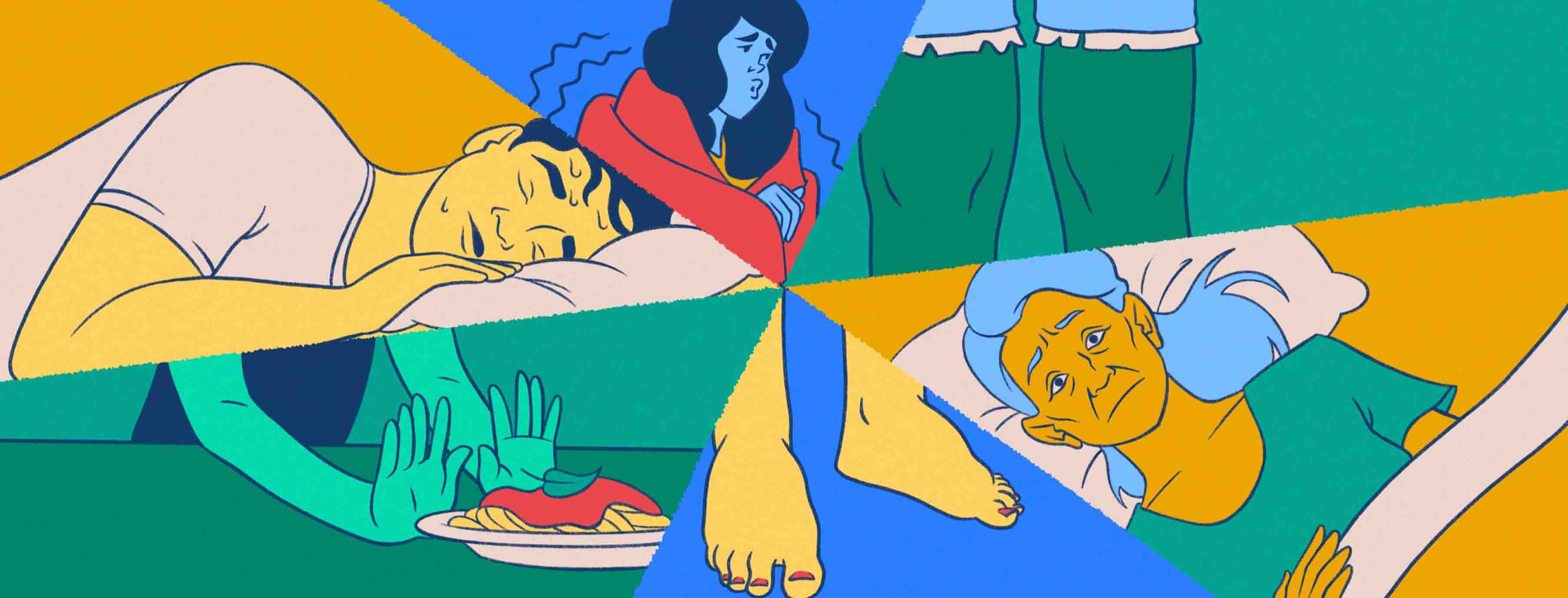 A series of images divided into 6 sections depicting the 6 strange symptoms caused by Crohn's Disease