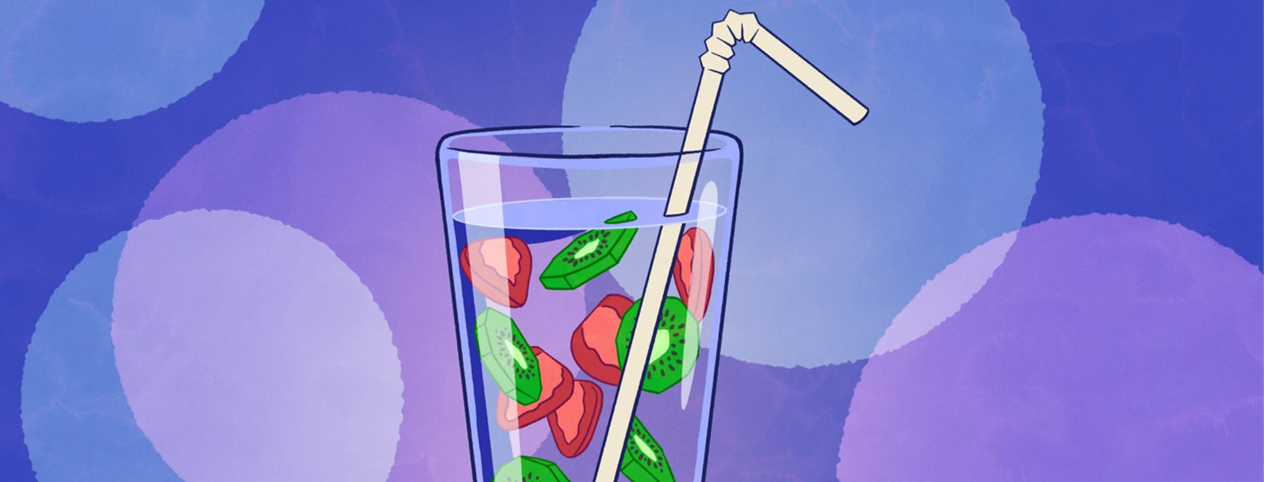 A glass of fruit water with a straw against a purple background