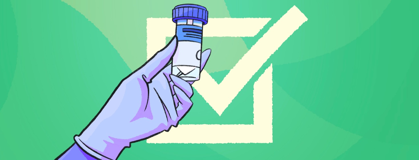 A gloved hand holding an empty stool sample vial against a bright checkmark in the background