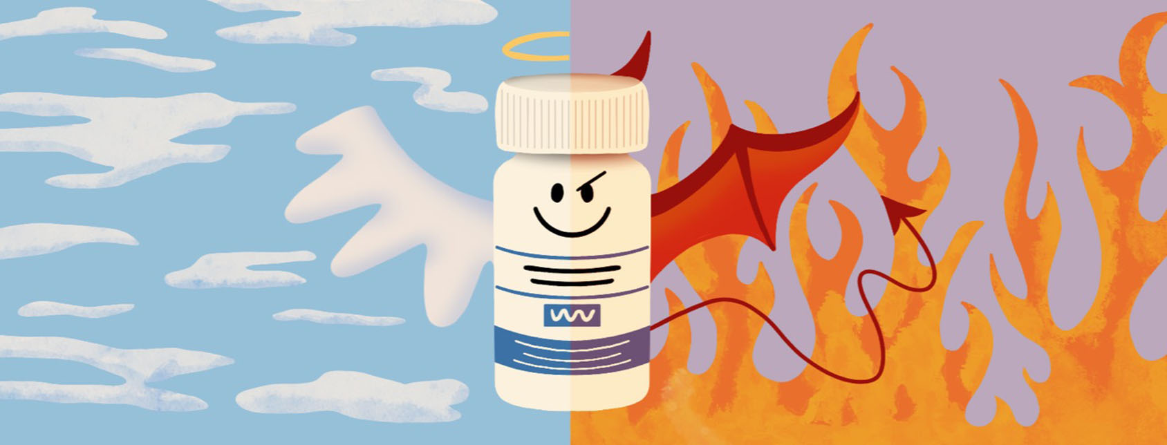 A pill bottle is centered with angel wings and a halo on one side, and a devil's horn, wing and tail on the other