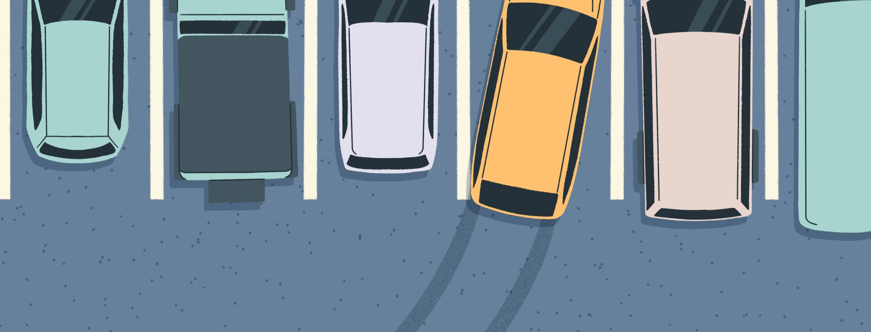 A series of parked cars, one having been hastily pulled in