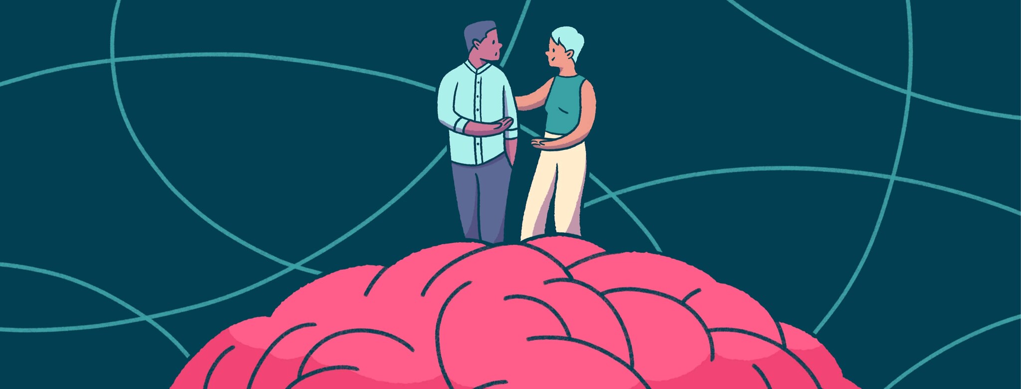 A therapist and patient have a conversation while journeying across the surface of a brain