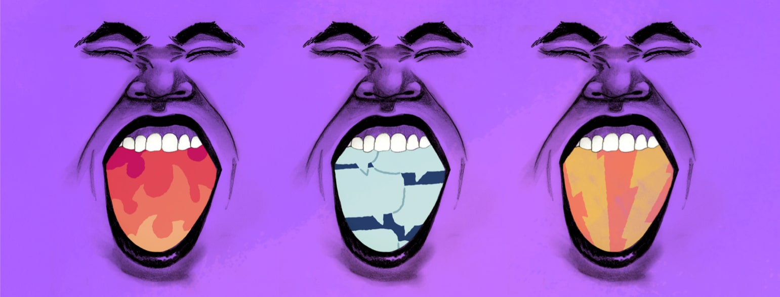 Three faces screaming with anger as different topics are represented in their open mouths