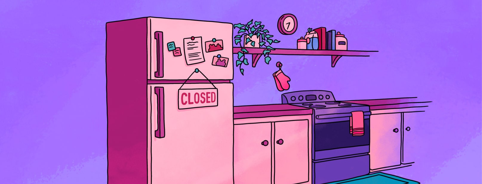 A kitchen at nighttime with a closed sign on the refrigerator