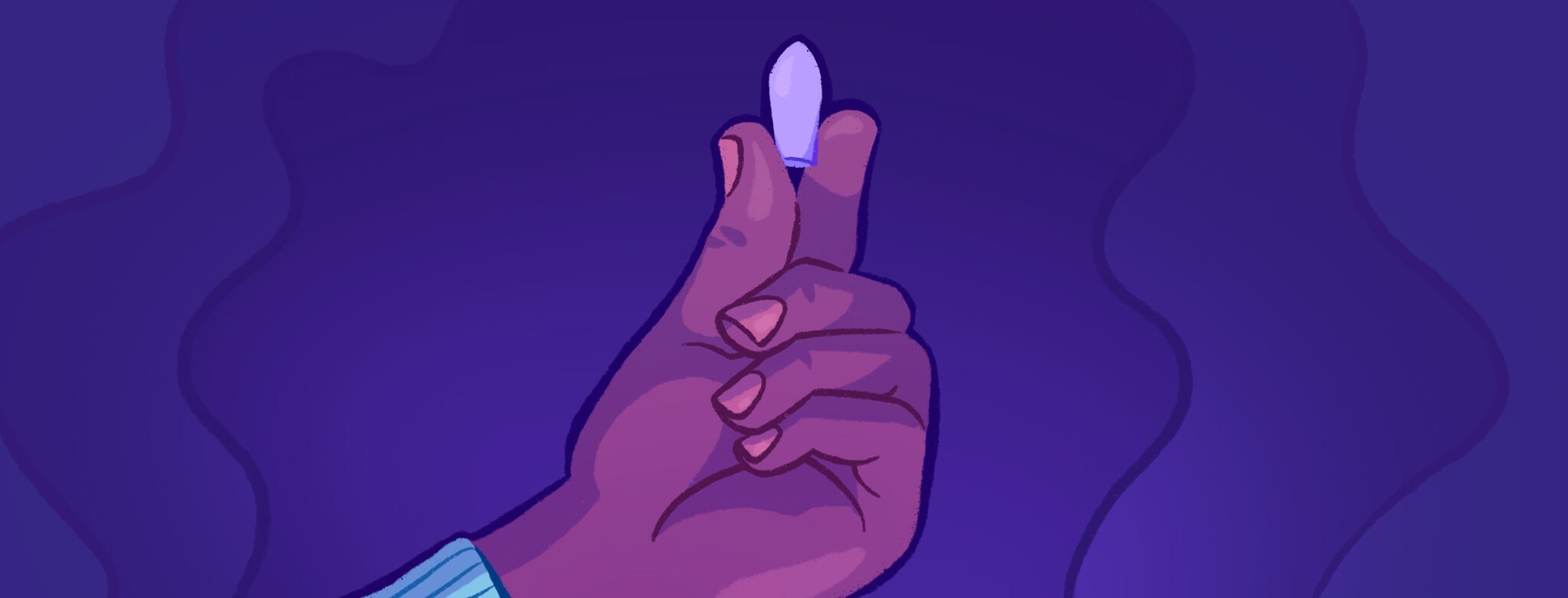 A hand holding up a suppository as a light casts scary contrasting shadows