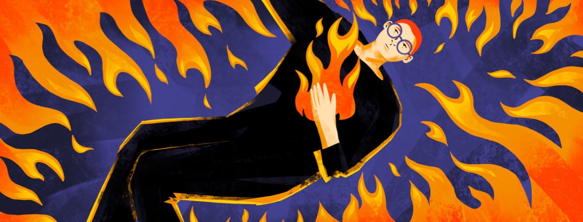 A person with flames on their chest is also surrounded by flames
