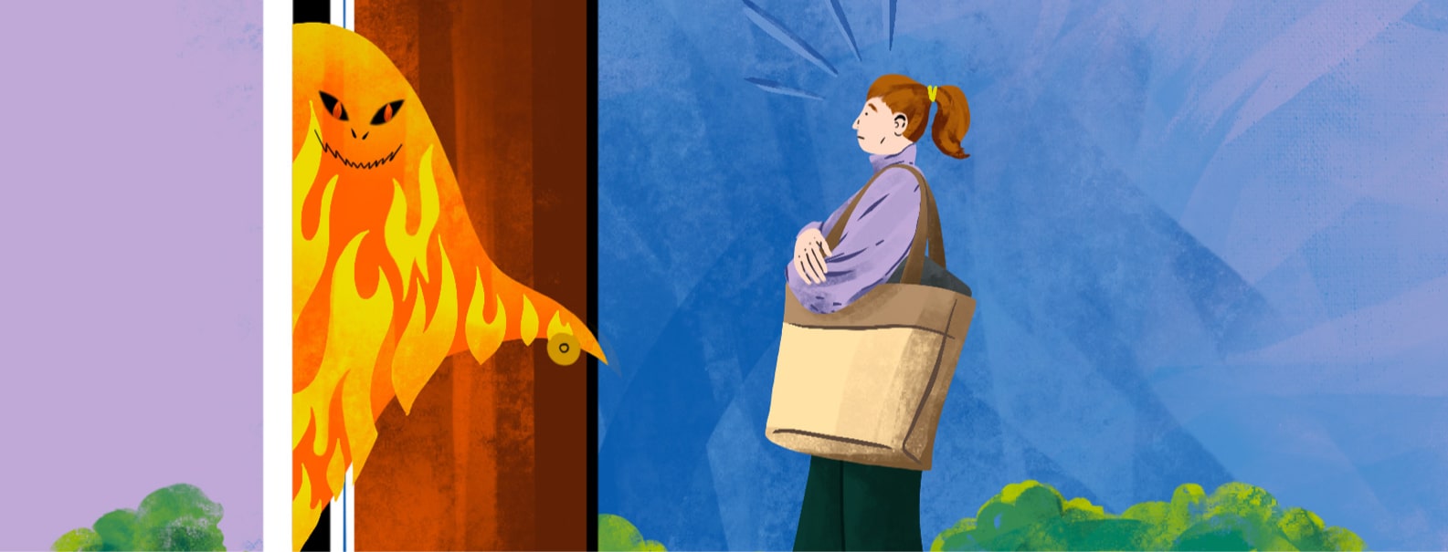 An adult woman carrying a tote bag is greeted at her front door by a fiery flare monster.