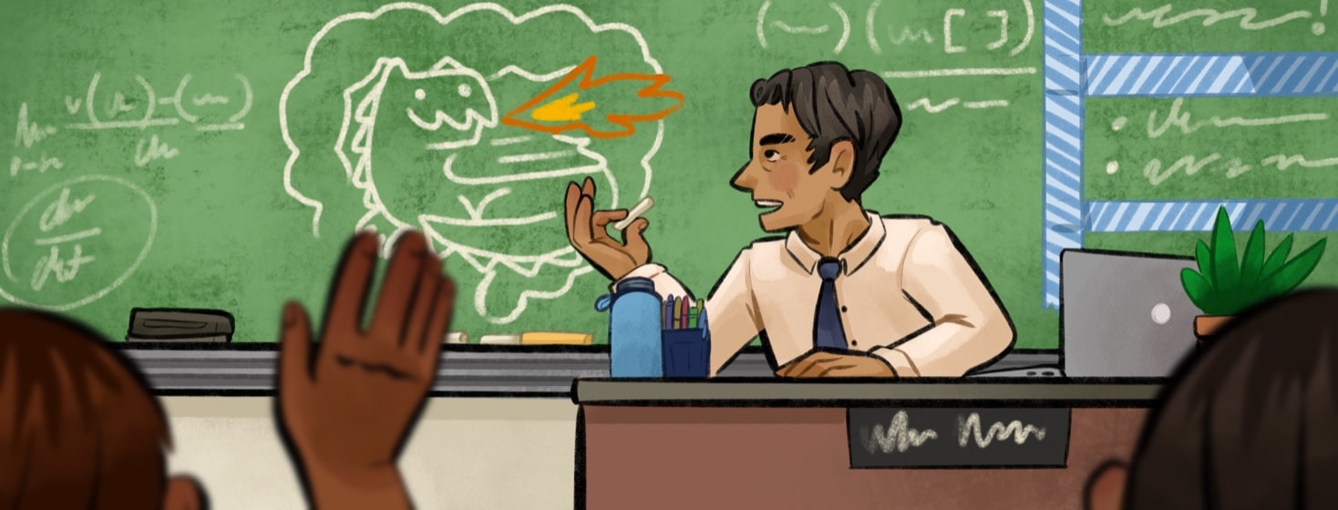 A male teacher is gesturing toward a dragon drawing on his chalkboard, talking to his students. In the foreground a student can be seen raising their hand. Teaching, learning, question, explanation, laptop, classroom, chalk