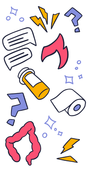 A collection of various IBD-related icons, such As; GI tract, flames, speech bubbles, question marks, and toilet paper