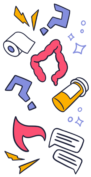 A collection of various IBD-related icons, such As; GI tract, flames, speech bubbles, question marks, and toilet paper