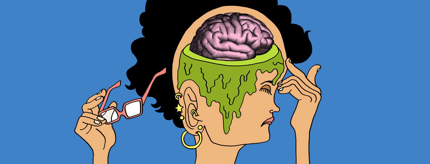 inside a woman's head, her brain is sinking in muck