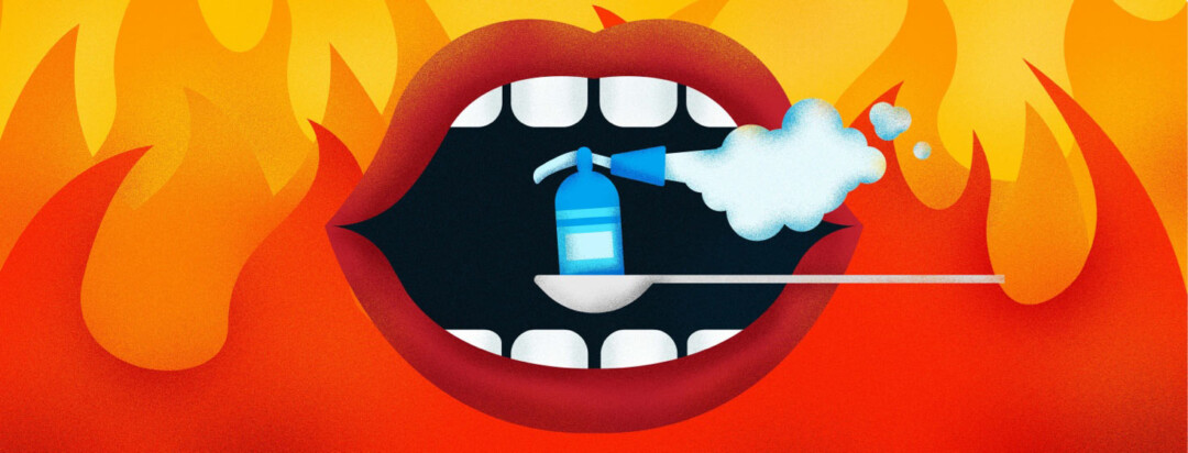a mouth on fire eating a fire-extinguisher