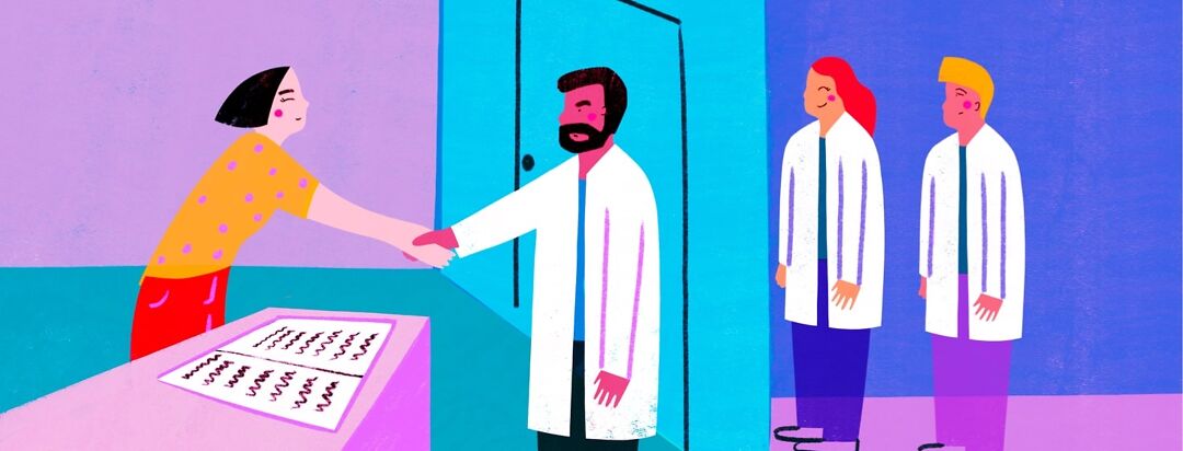 Person shakes doctors hand while other doctors line up for an interview and wait in the hallway