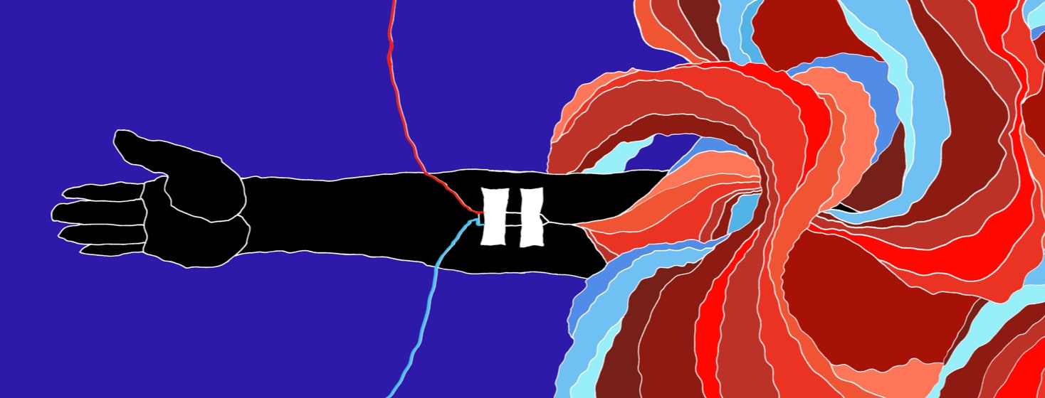 A swirling artistic red and blue liquid wave wraps around an arm getting a iron and saline infusion.