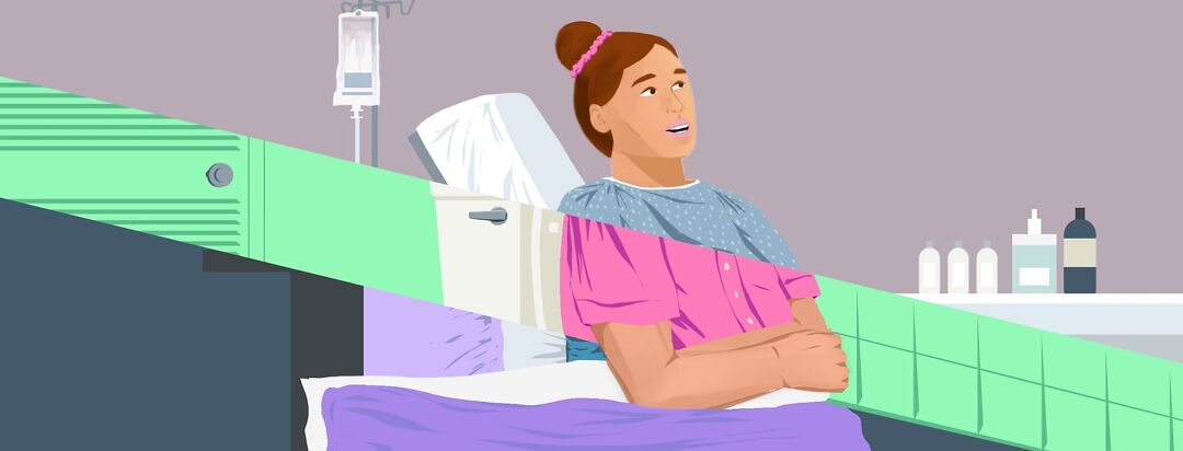 The image of a woman sitting is broken up into 3 environments; A hospital bed, a bathroom and a bedroom.