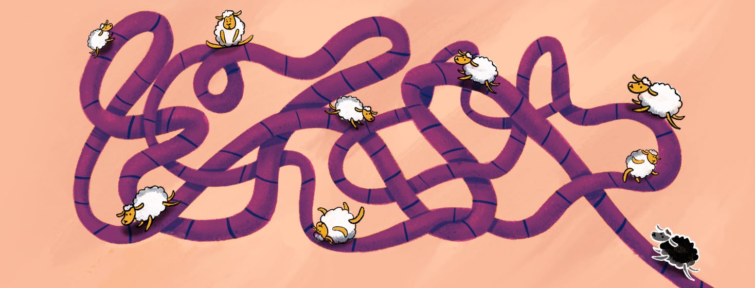 A black sheep starts out on a twisted, tangled path. There are white sheep at different parts of the path looking on judging.