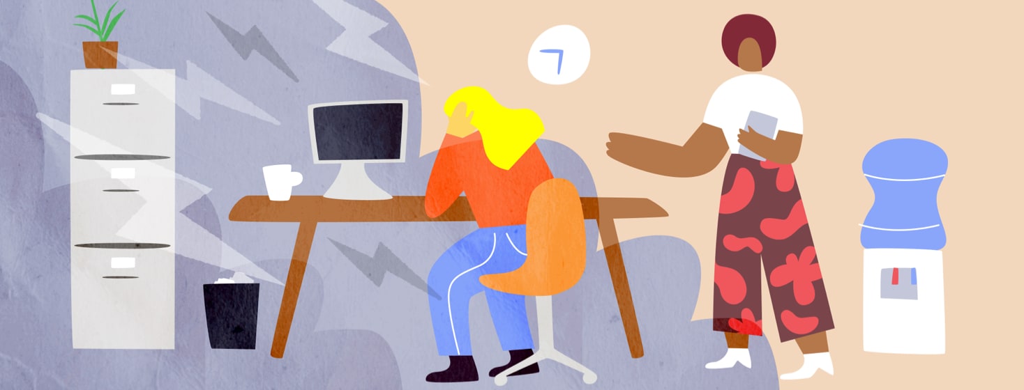 A woman is slumped over a desk at work while clouds and lightening representing a flare roll in and overtake her. A colleague offers support.