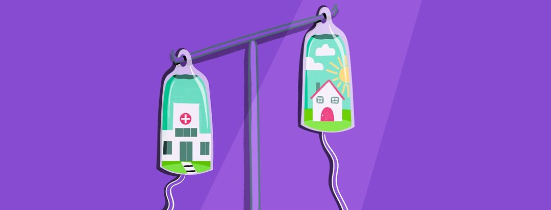 Two bags hang from an IV pole. One has an infusion center inside and the other houses a home.