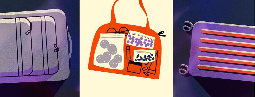 A purse filled with food in sandwich bags goes through an airport scanner.