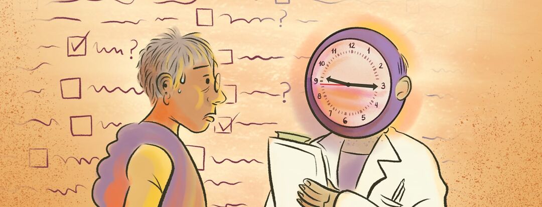 An anxious woman sweats thinking about the checklist floating behind her while looking at the doctor, whose face is a ticking clock.