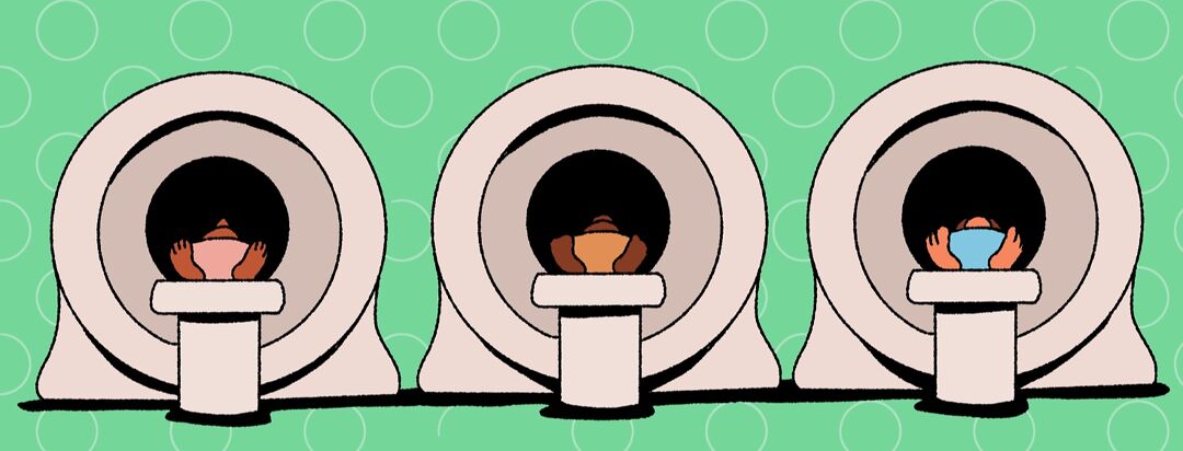 Three CT scan machines in a row with patients