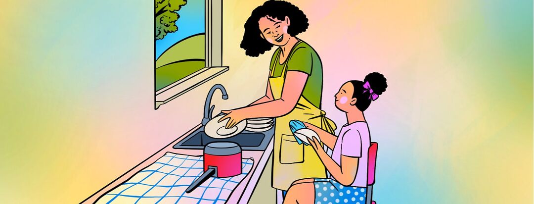 A mother and child talking as they do the dishes together.